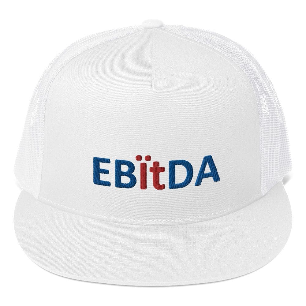 White cap with "EBitDA" text design.