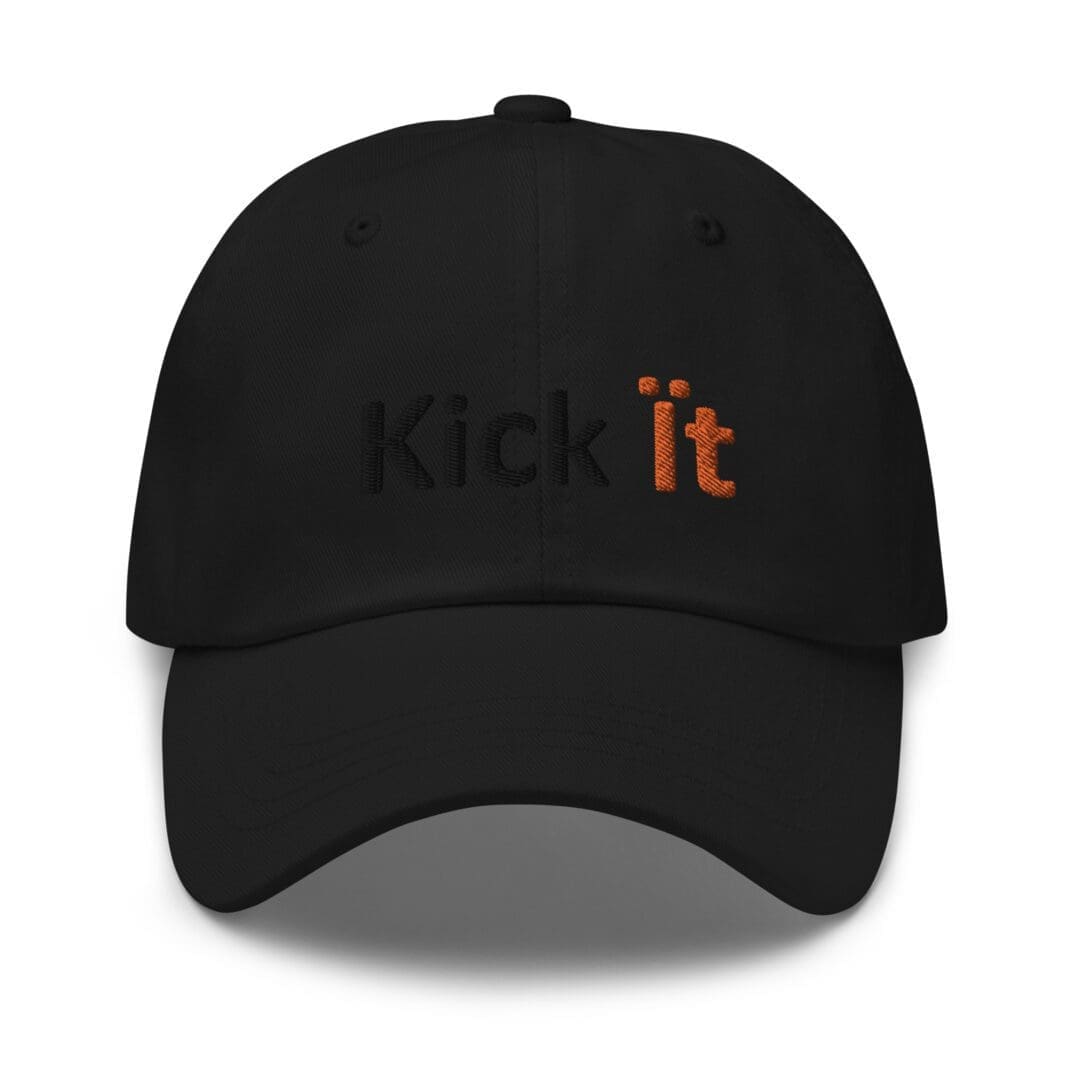 Black cap with "Kick it" embroidered text.