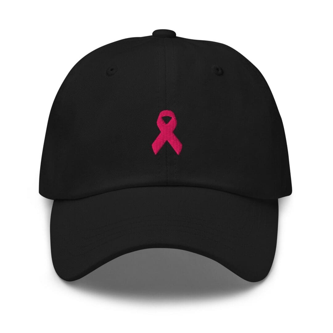 Black cap with pink ribbon embroidery.
