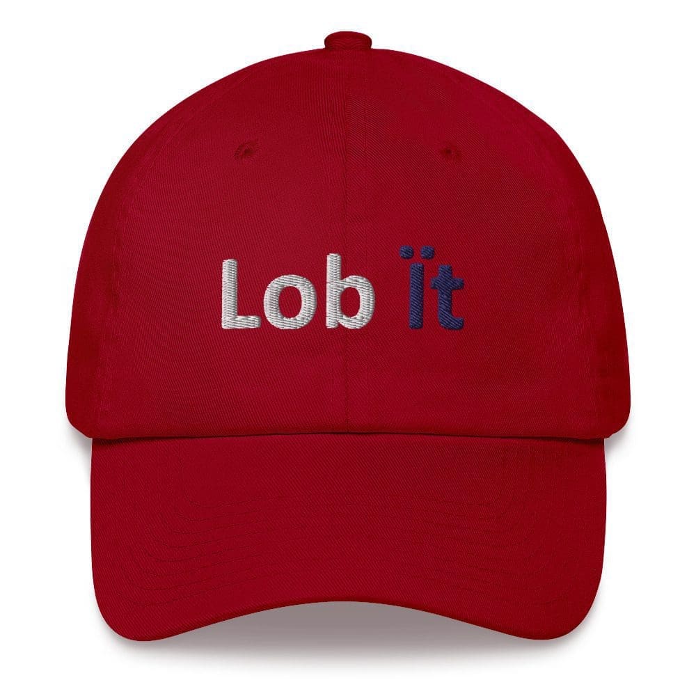 Red cap with "Lob it" text.