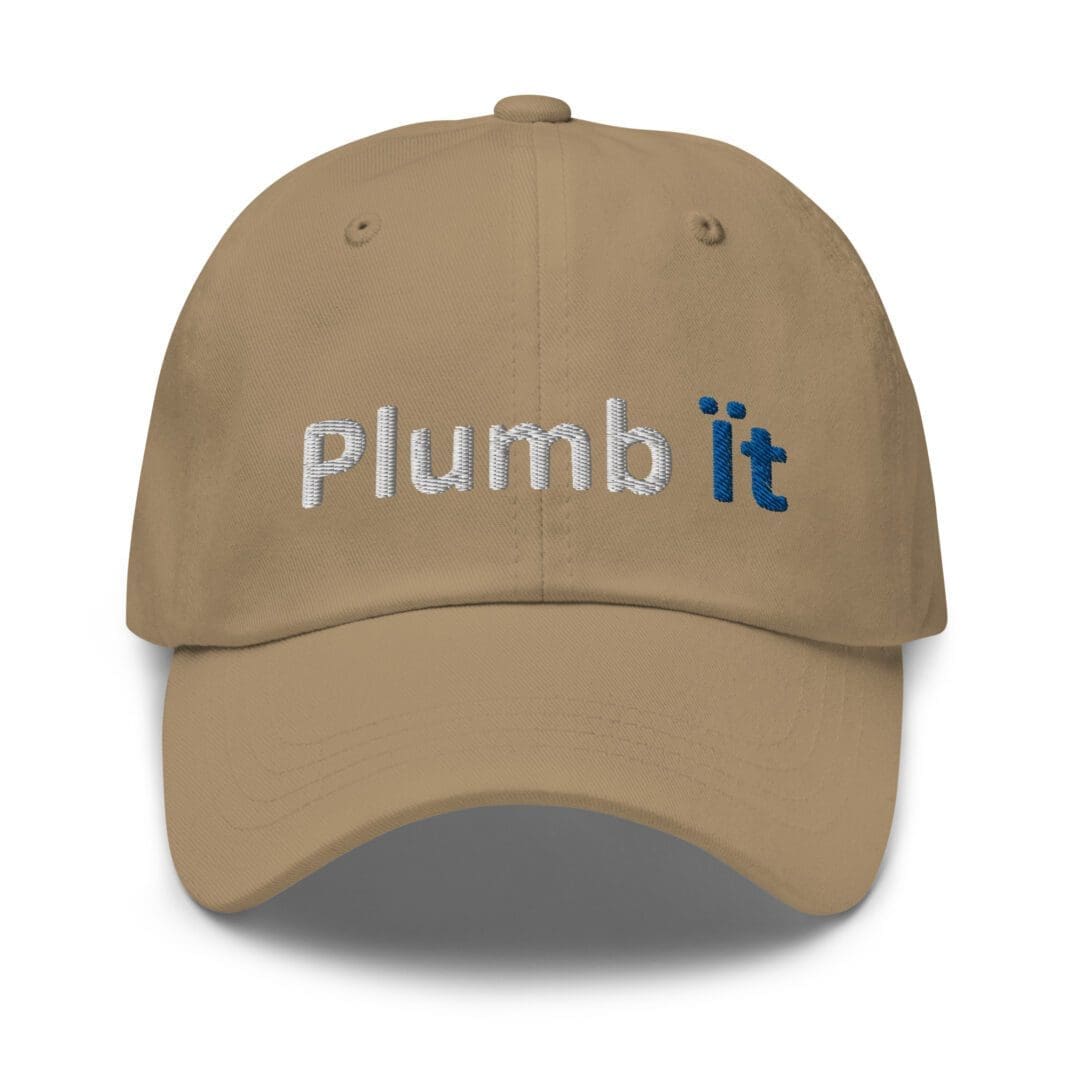 Beige cap with "Plumb it" logo.