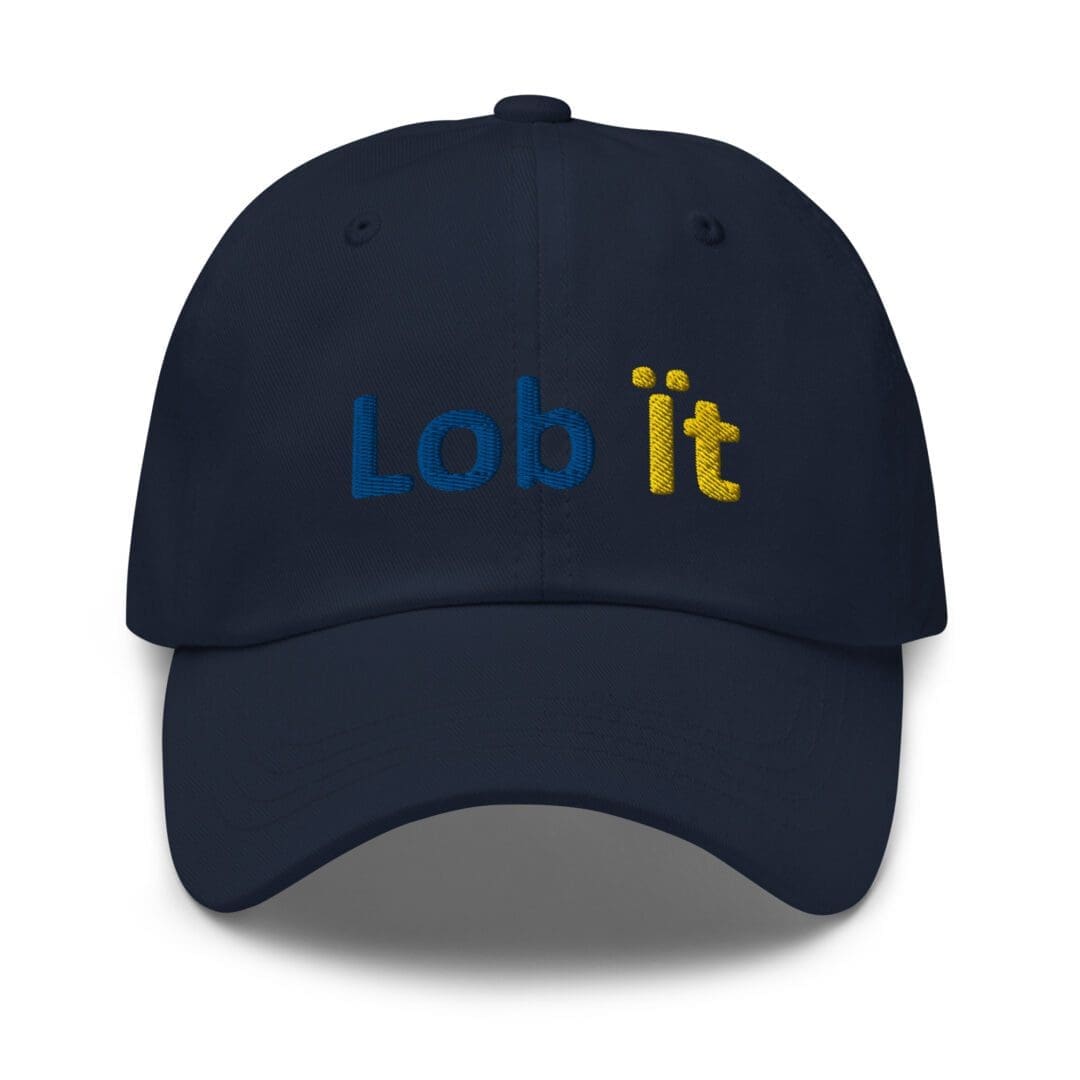 Navy blue cap with "Lob it" text.