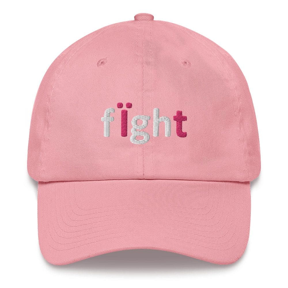 Pink cap with "fight" embroidered on front.