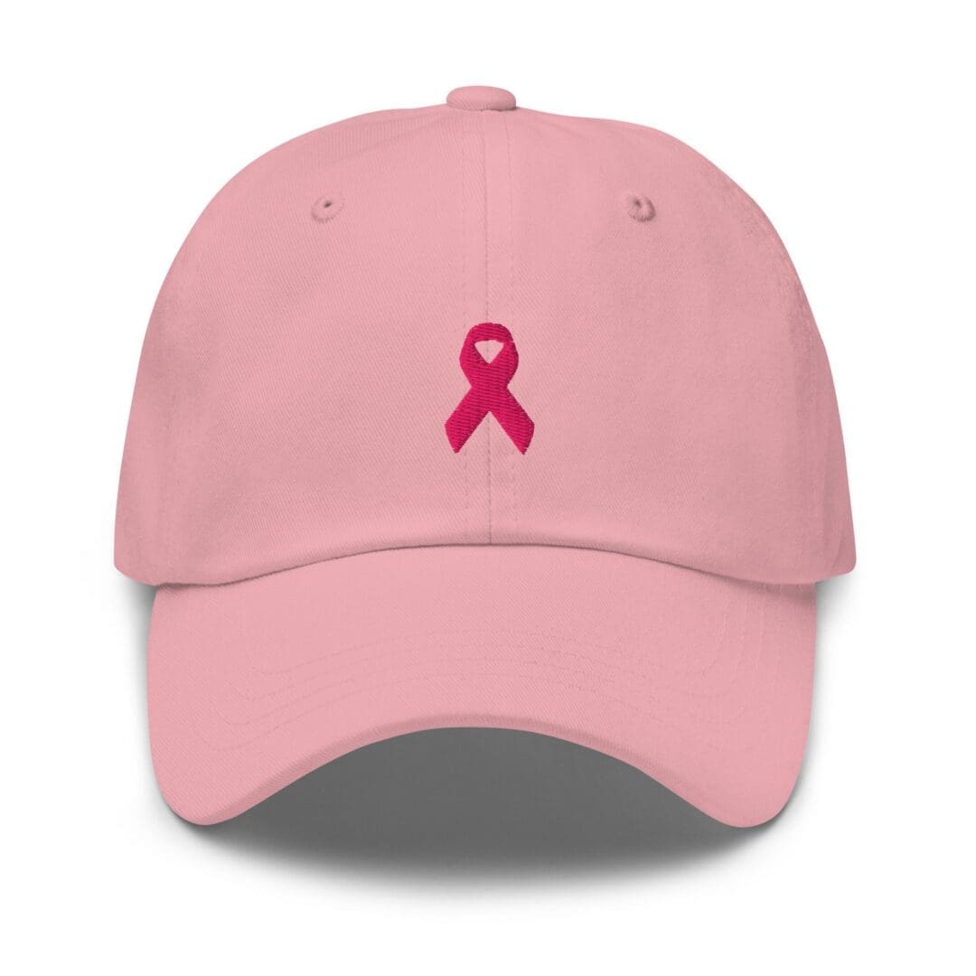 Pink cap with embroidered pink ribbon logo.