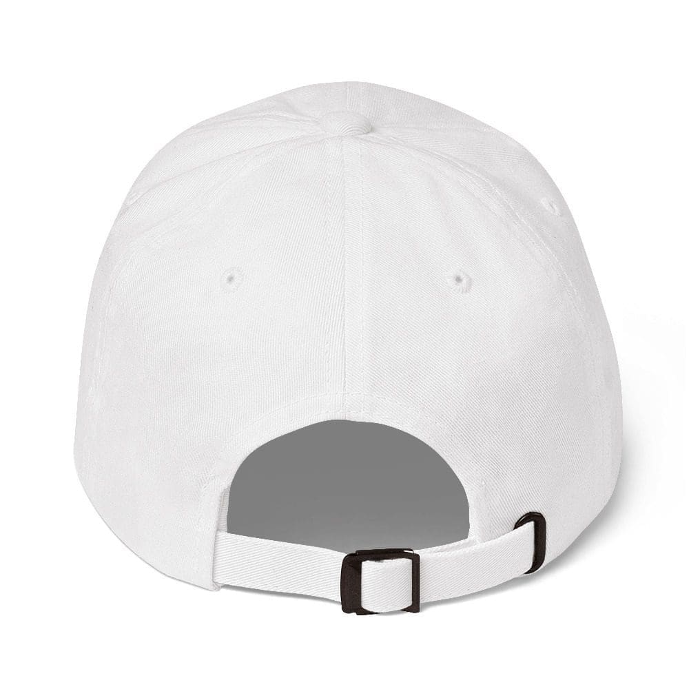 Adjustable white baseball hat with metal slider