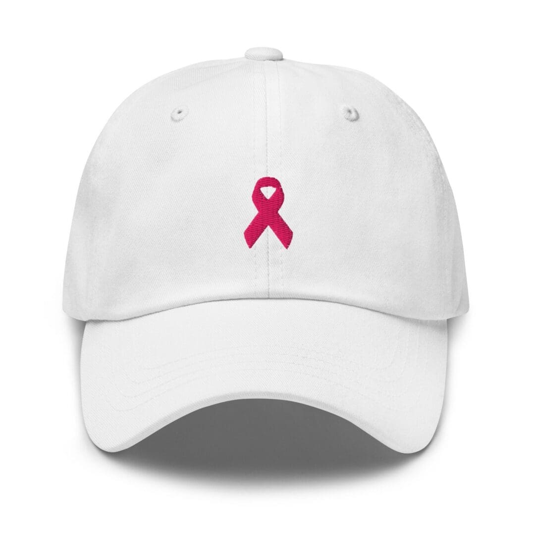 White cap with pink ribbon embroidery.