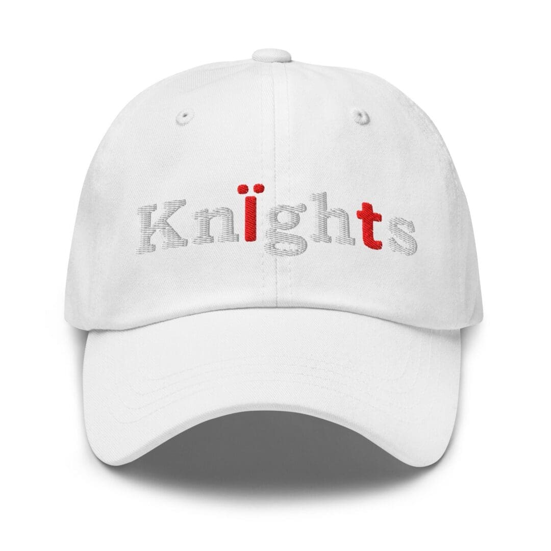 White cap with "Knights" embroidered in red.