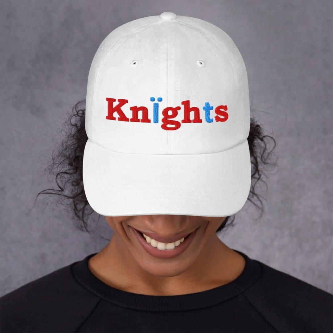 Front view white cap with Knights embroidered