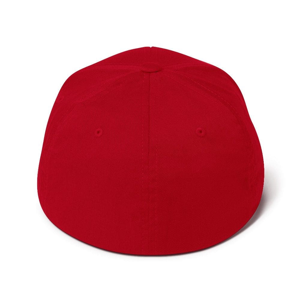 Red baseball cap viewed from behind.