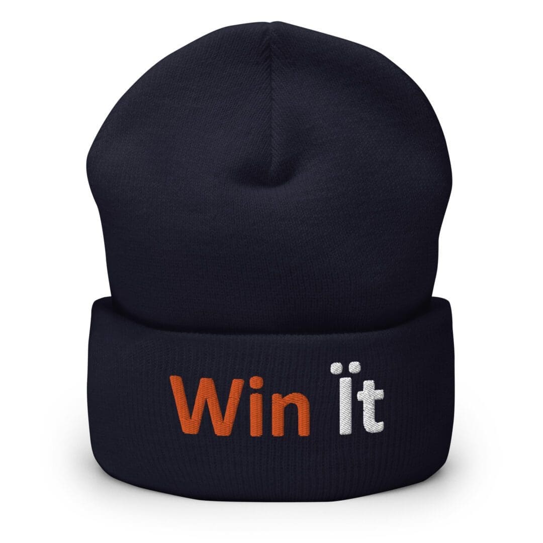 Navy cuffed beanie embroidered 'Win it' logo