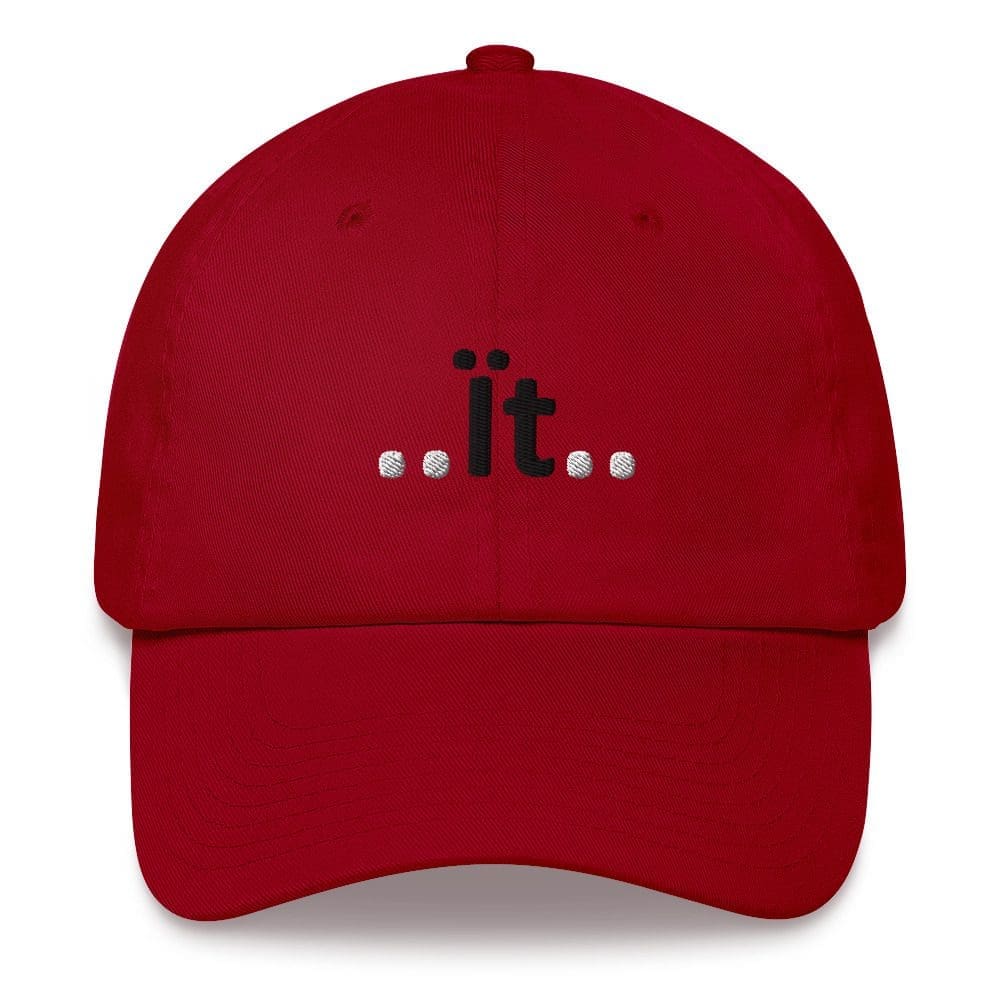Red baseball cap embroidered with "...it..."
