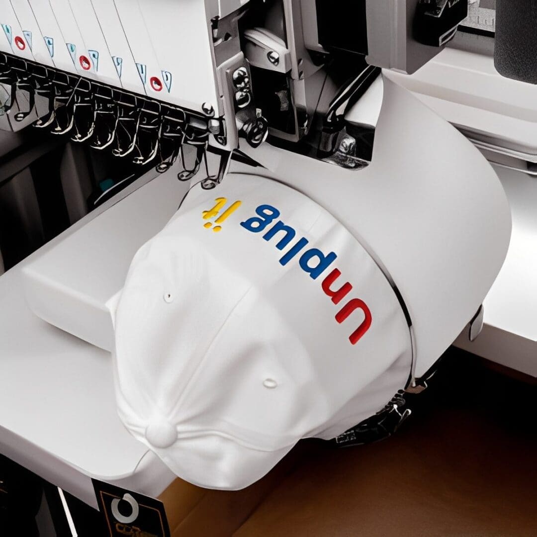 Industrial embroidery machine stitching colorful text onto a white cap.