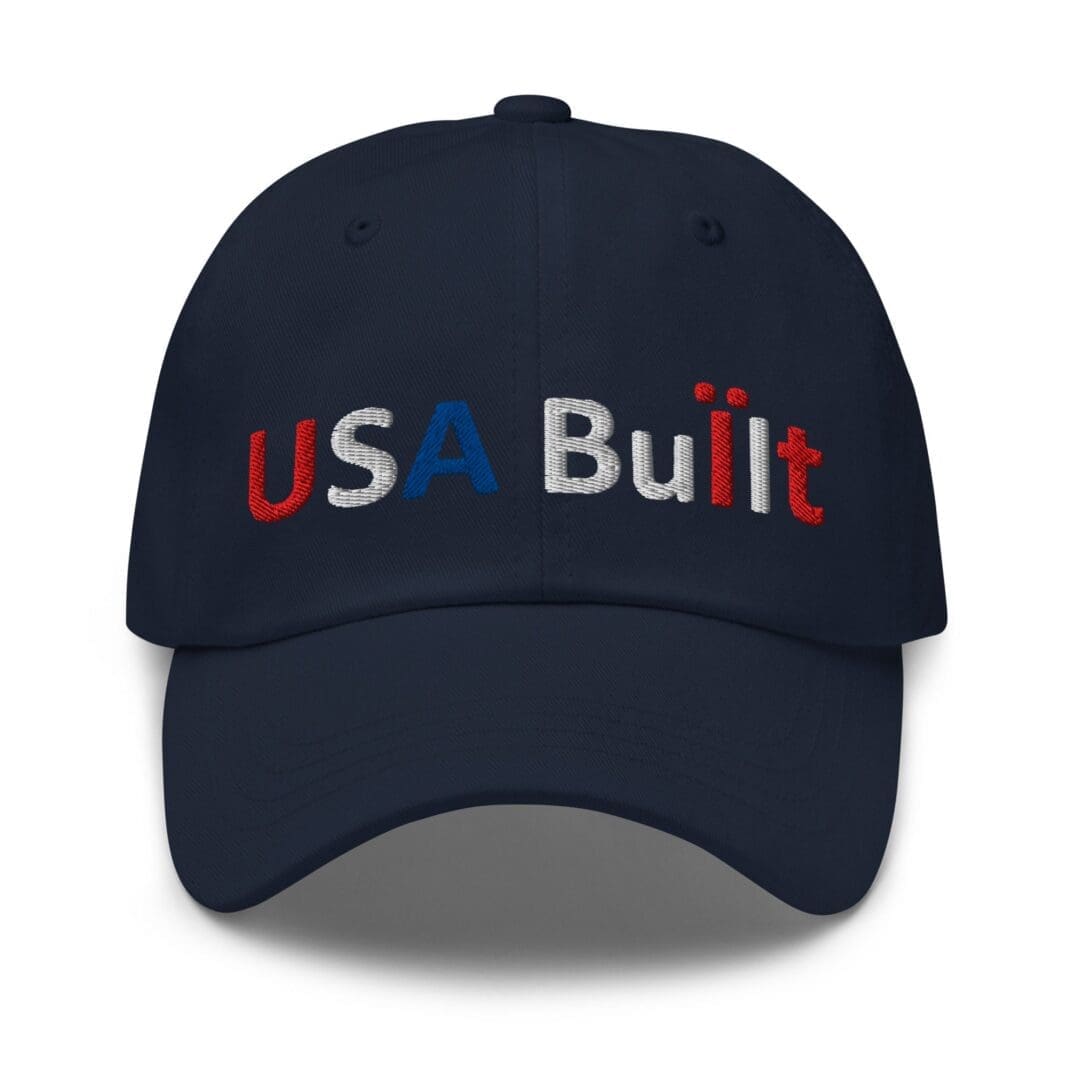 Navy baseball cap embroidered with "USA Built"