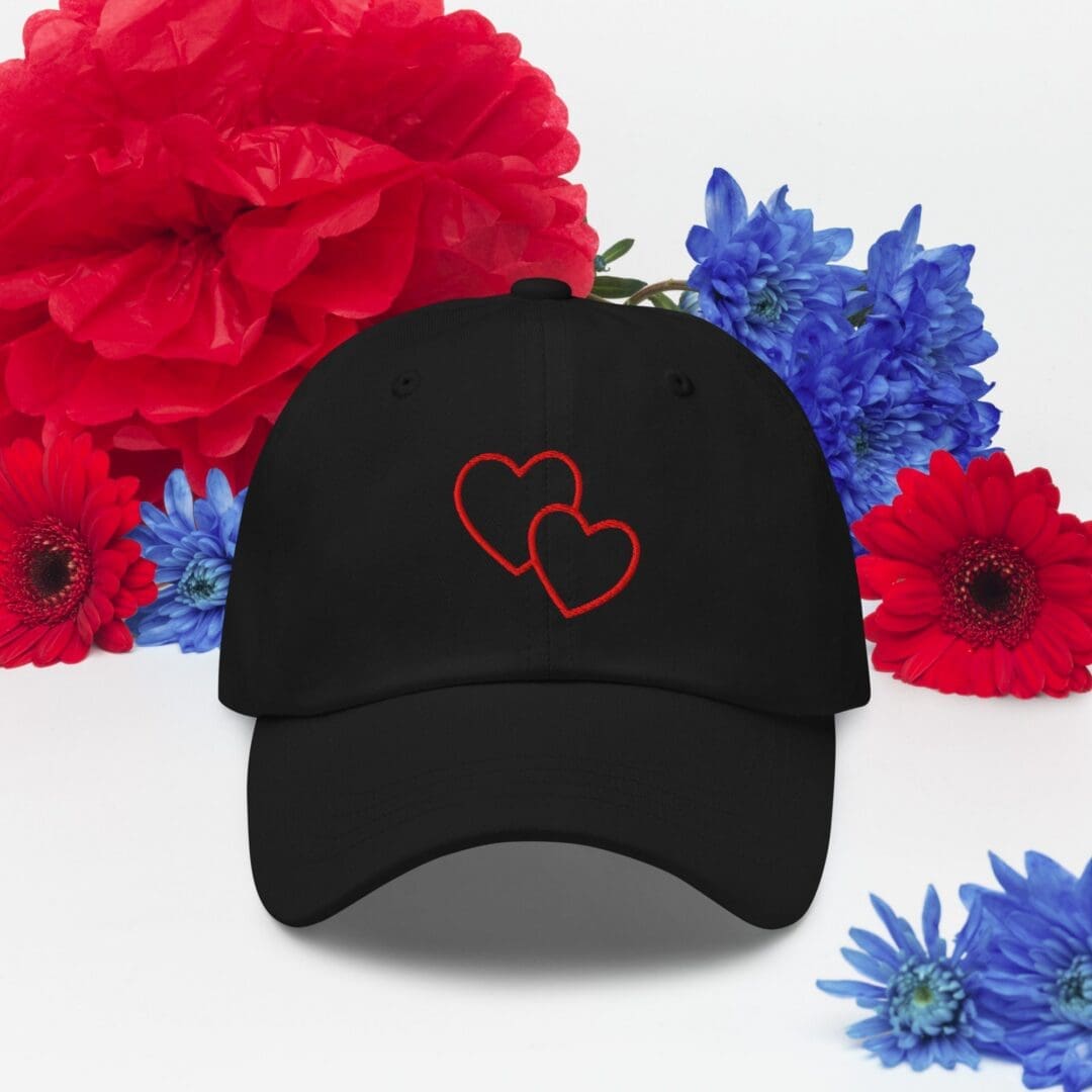 Black cap with red hearts and flowers