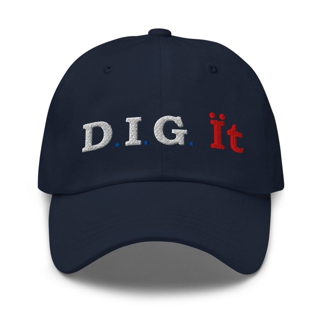 Navy baseball cap embroidered with "PIG it"