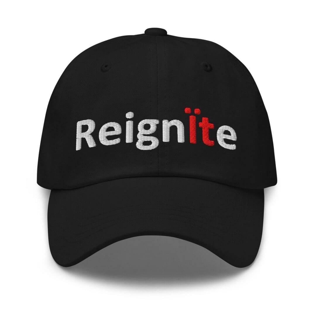 Black baseball cap embroidered with "Reignite"