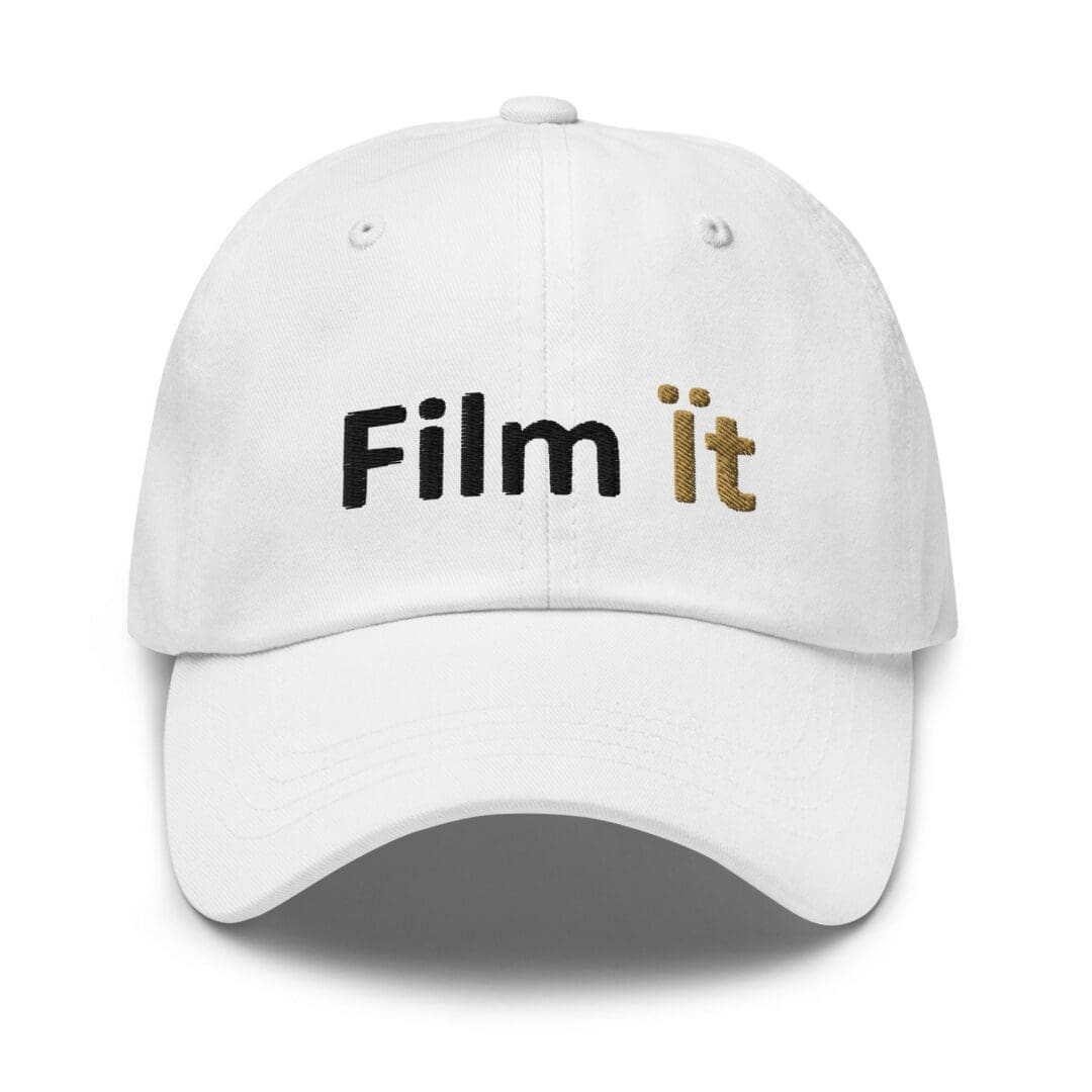 White baseball cap embroidered with "Film it"