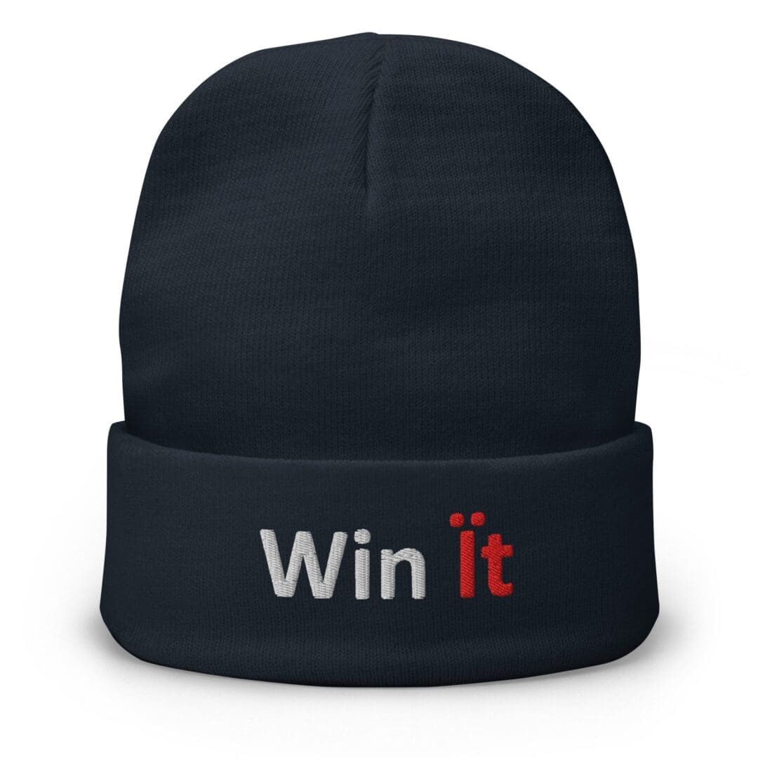 Navy beanie embroidered with "Win it"