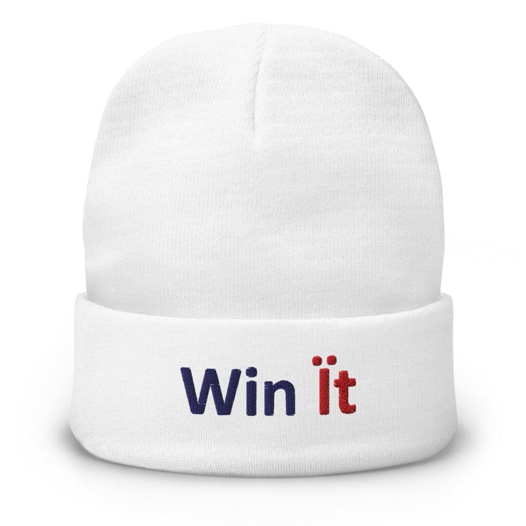 White beanie cuff showing red and blue embroidery
