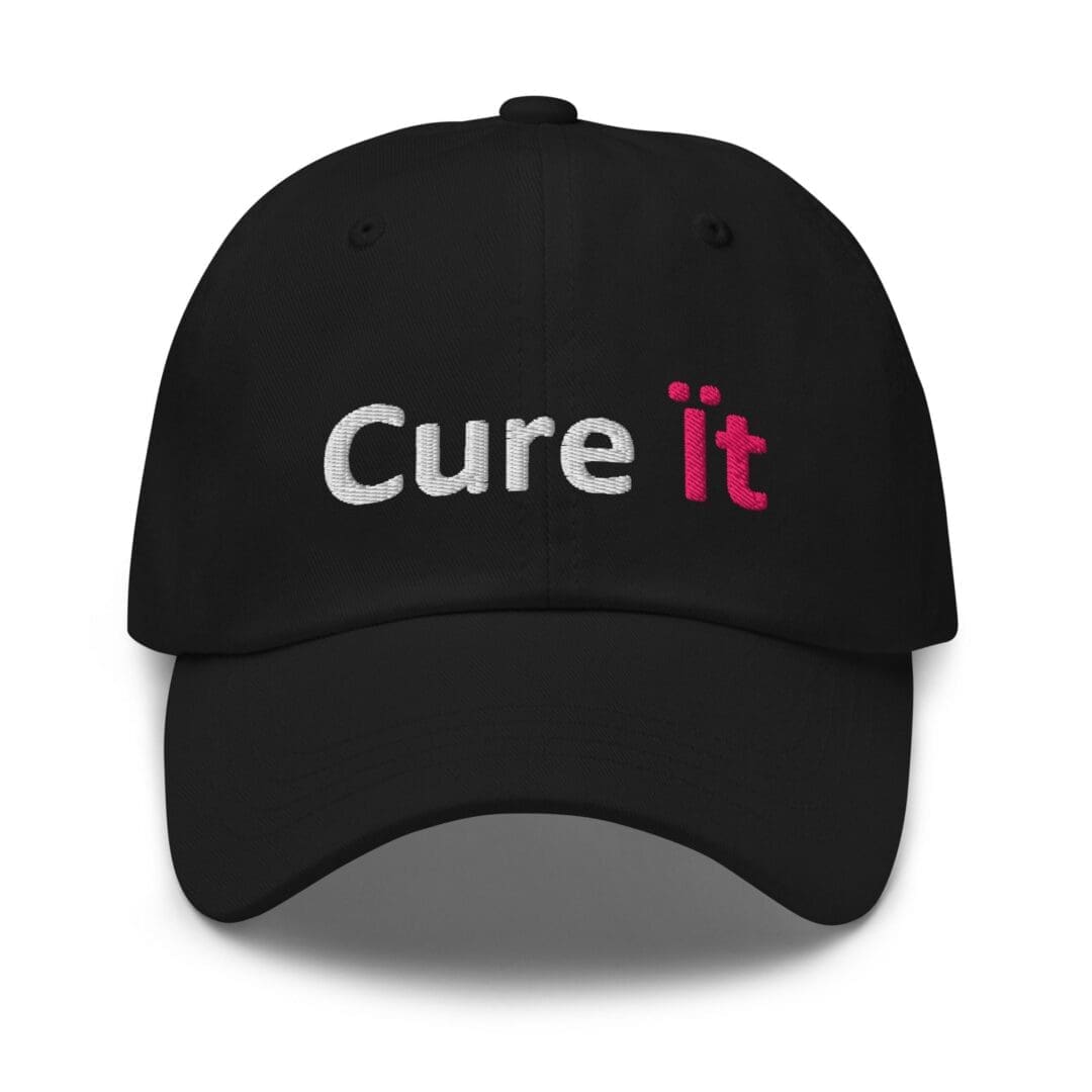 Black cap embroidered with "Cure it" logo
