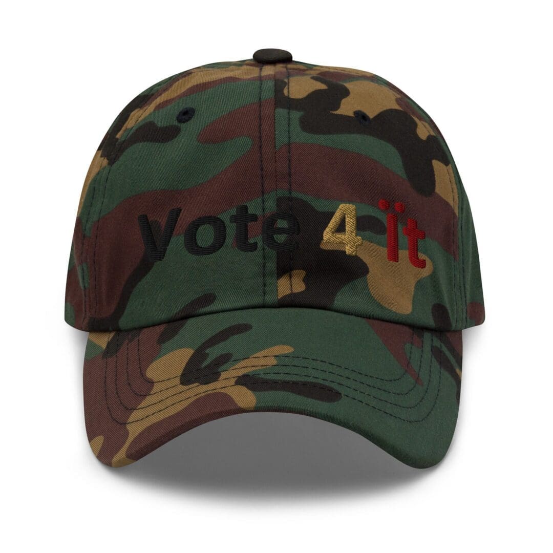Camouflage baseball cap embroidered with "vote4it"