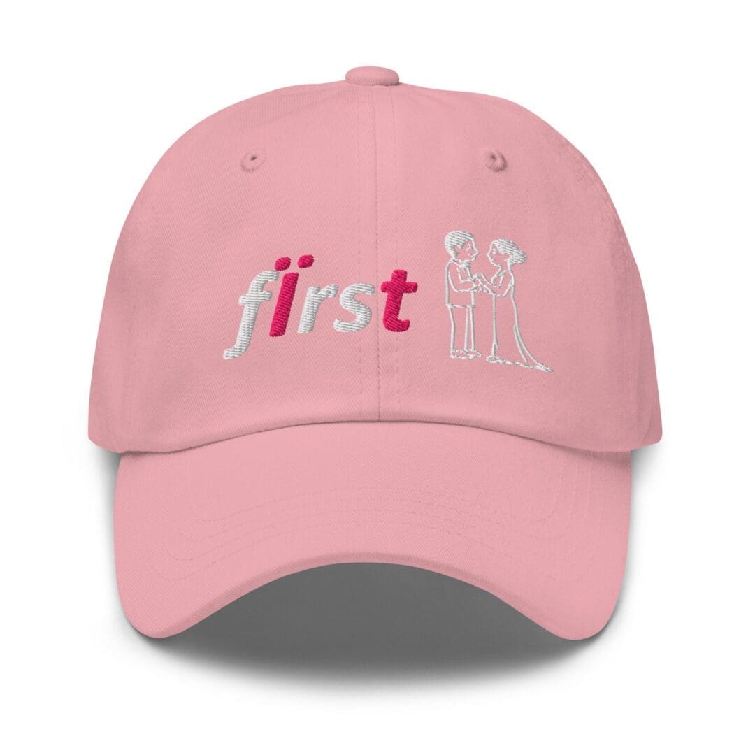 Close-up pink cap showing embroidered couple