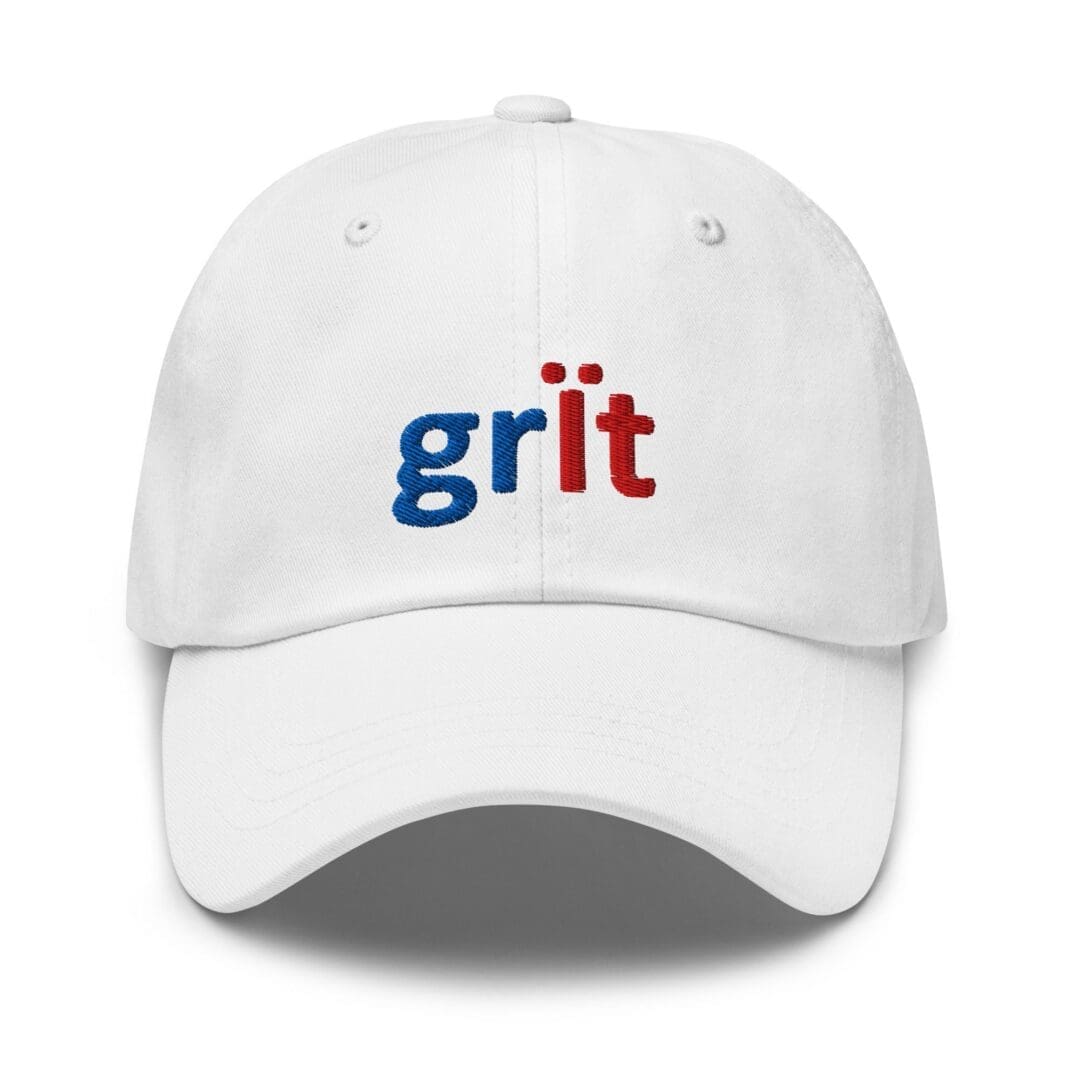 White cap embroidered with "grit" logo