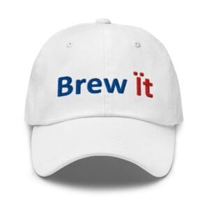 White cap embroidered with "Brew it"