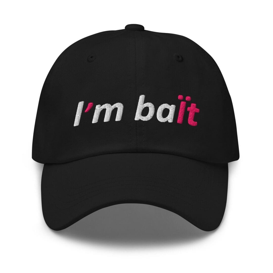 Close-up black dad hat with white and pink