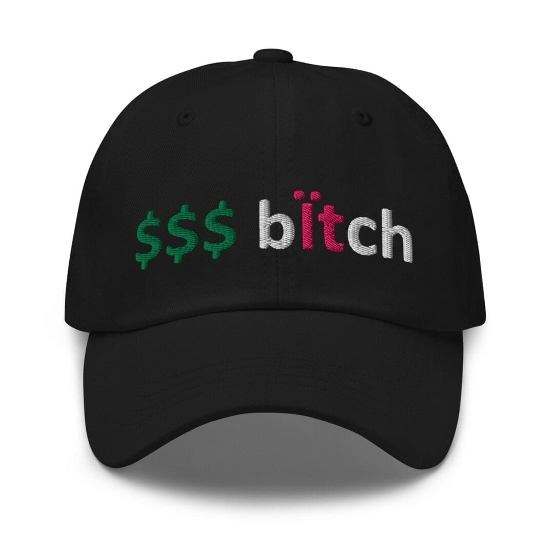 Black cap embroidered with dollar signs and text