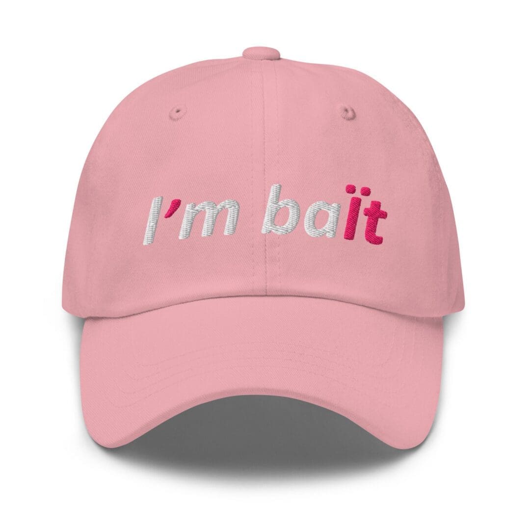 Pink cap front showing 'bait' two-tone embroidery