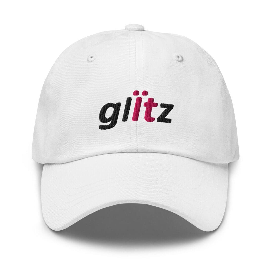 White baseball cap with "glitz" embroidery