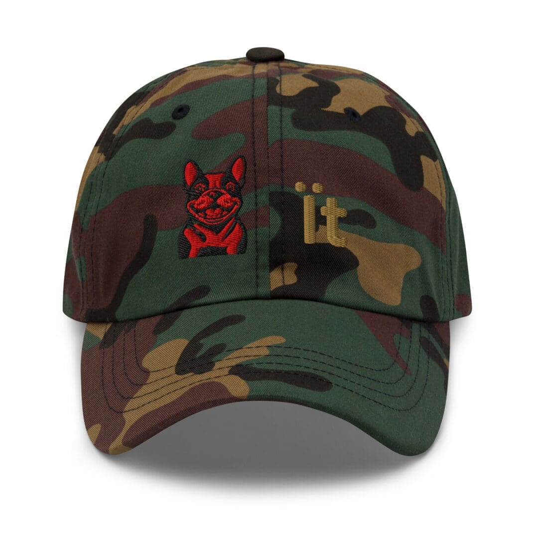 Camouflage baseball cap with red dog embroidery