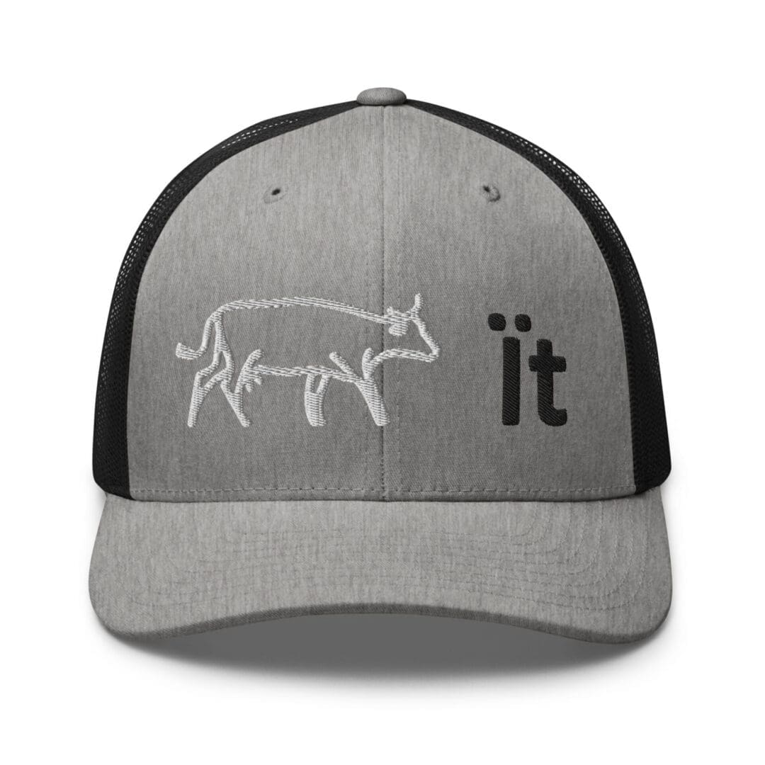 Gray cap with cow design and text.