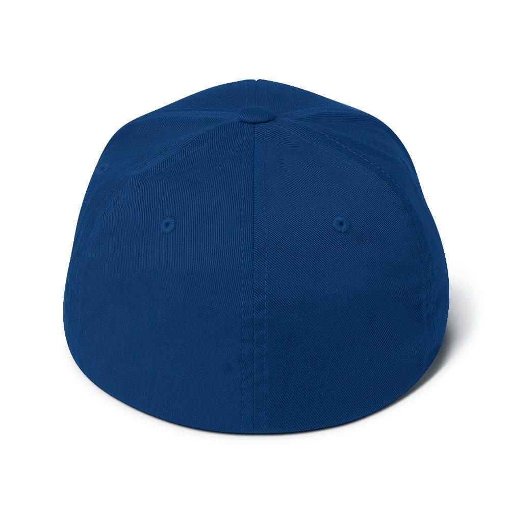 Back view of blue fitted baseball cap